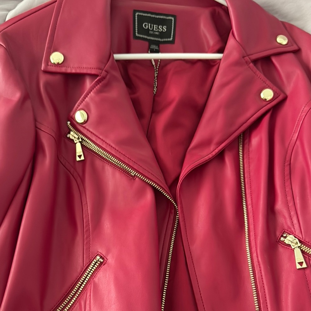 Guess Pink Leather Moto Jacket Asymmetrical Zipper
